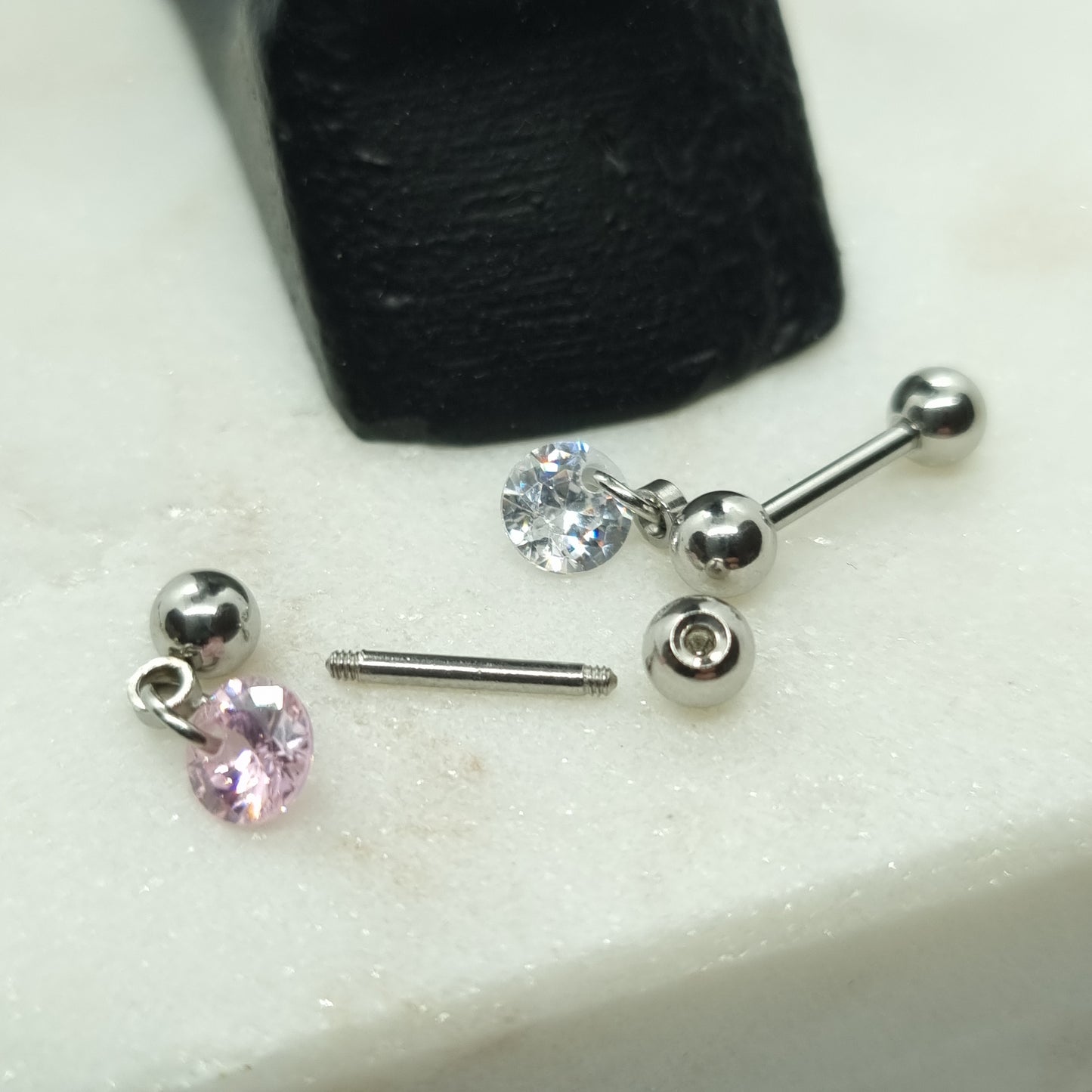 Tragus Piercing barbell and small 5mm dangling round Cubic Zirconia stone ( 316L surgical steel )