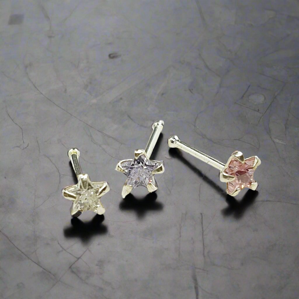 Straight nose stud with 3 mm star cz ( sterling silver )