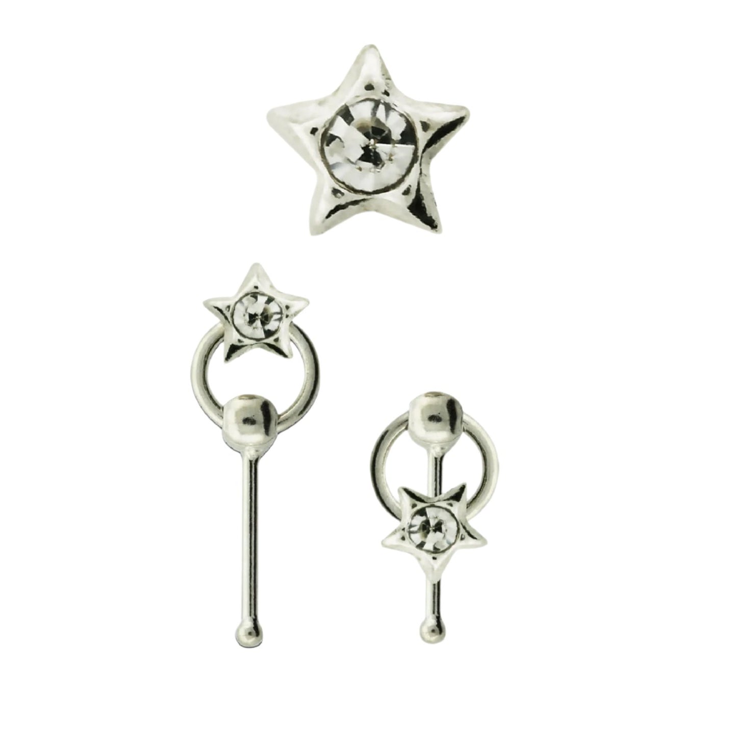 Straight nose stud with a crystal on star shape slave hoop ( sterling silver )