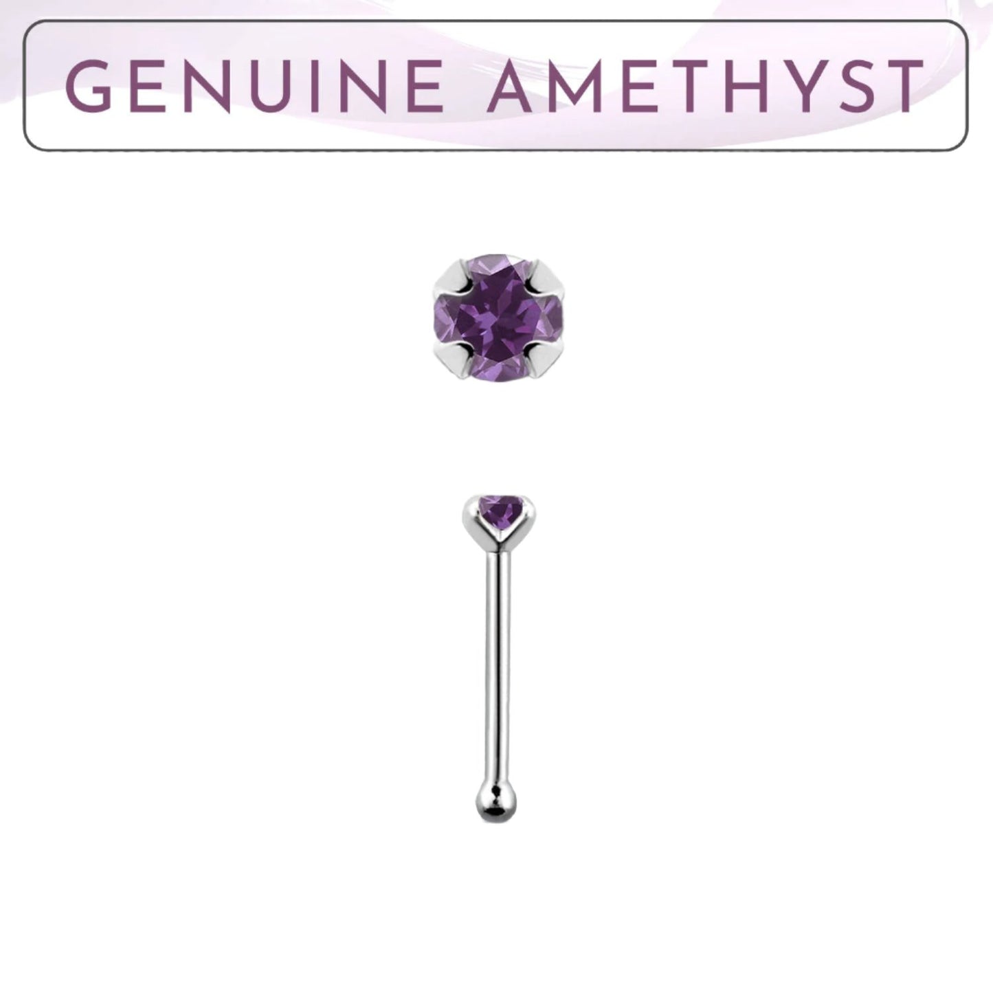 Straight nose stud with 2mm genuine amethyst ( sterling silver )