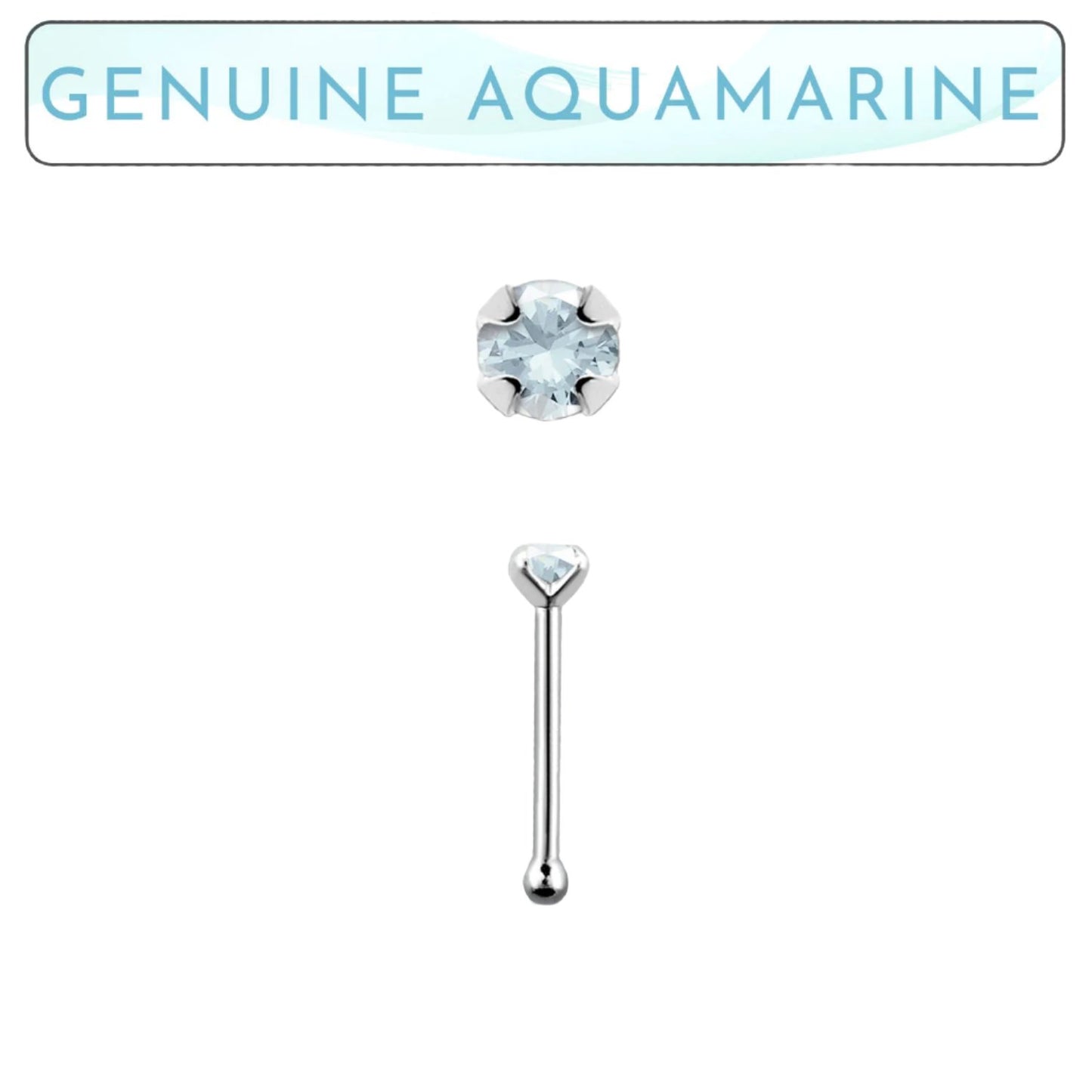 Straight nose stud with 2mm genuine aquamarine ( sterling silver )
