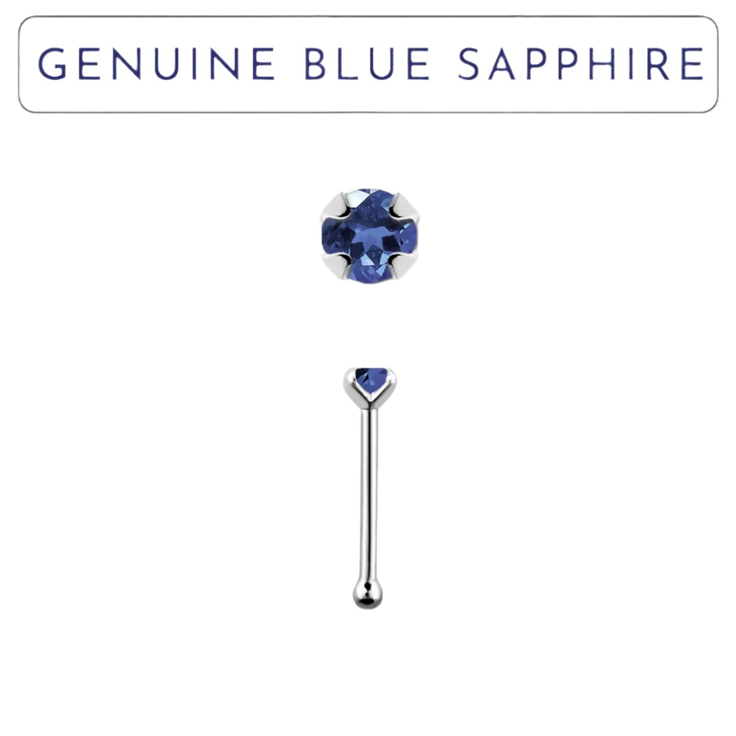 Straight nose stud with 2mm genuine blue sapphire ( sterling silver )