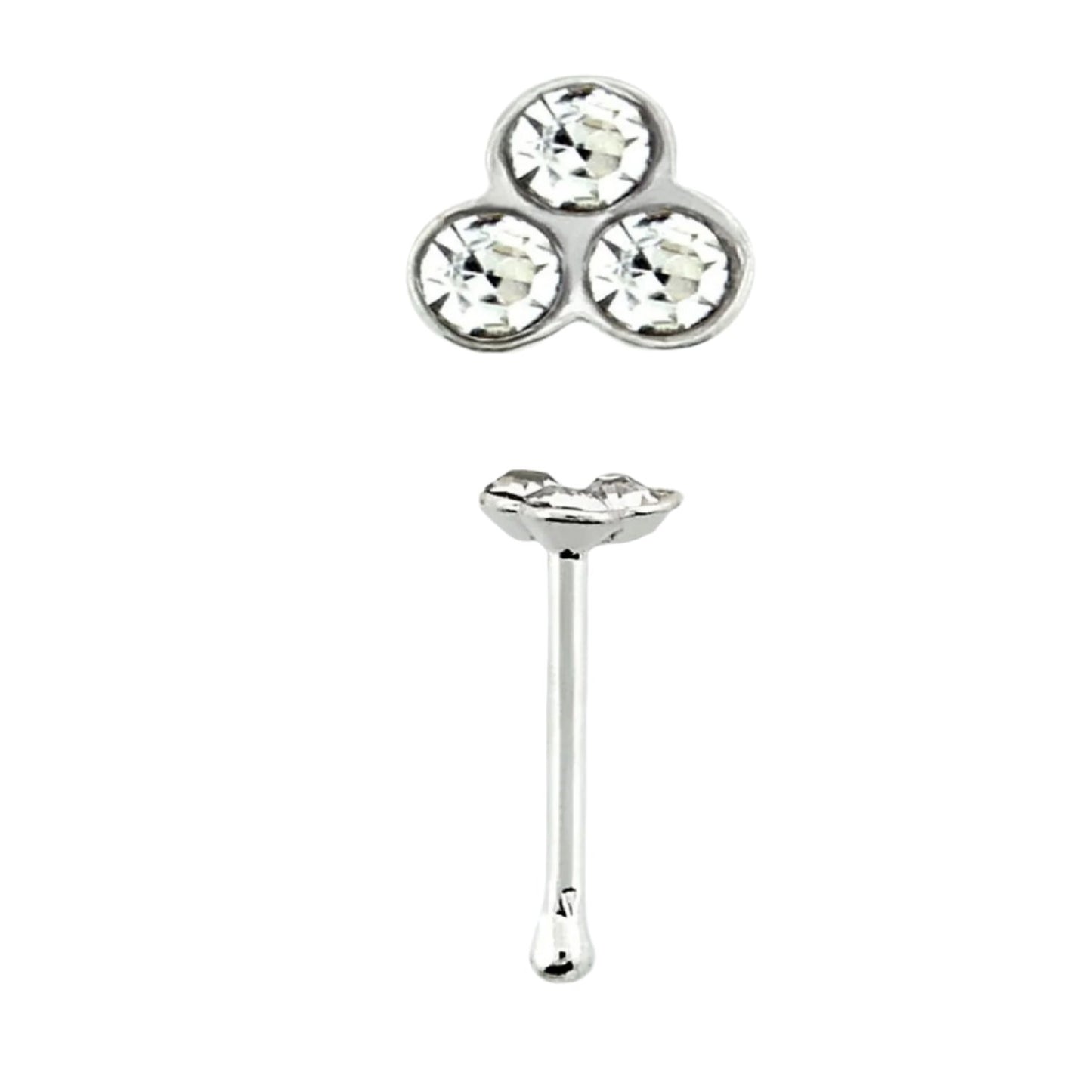 Straight nose stud with 3 round clear crystals top ( sterling silver )