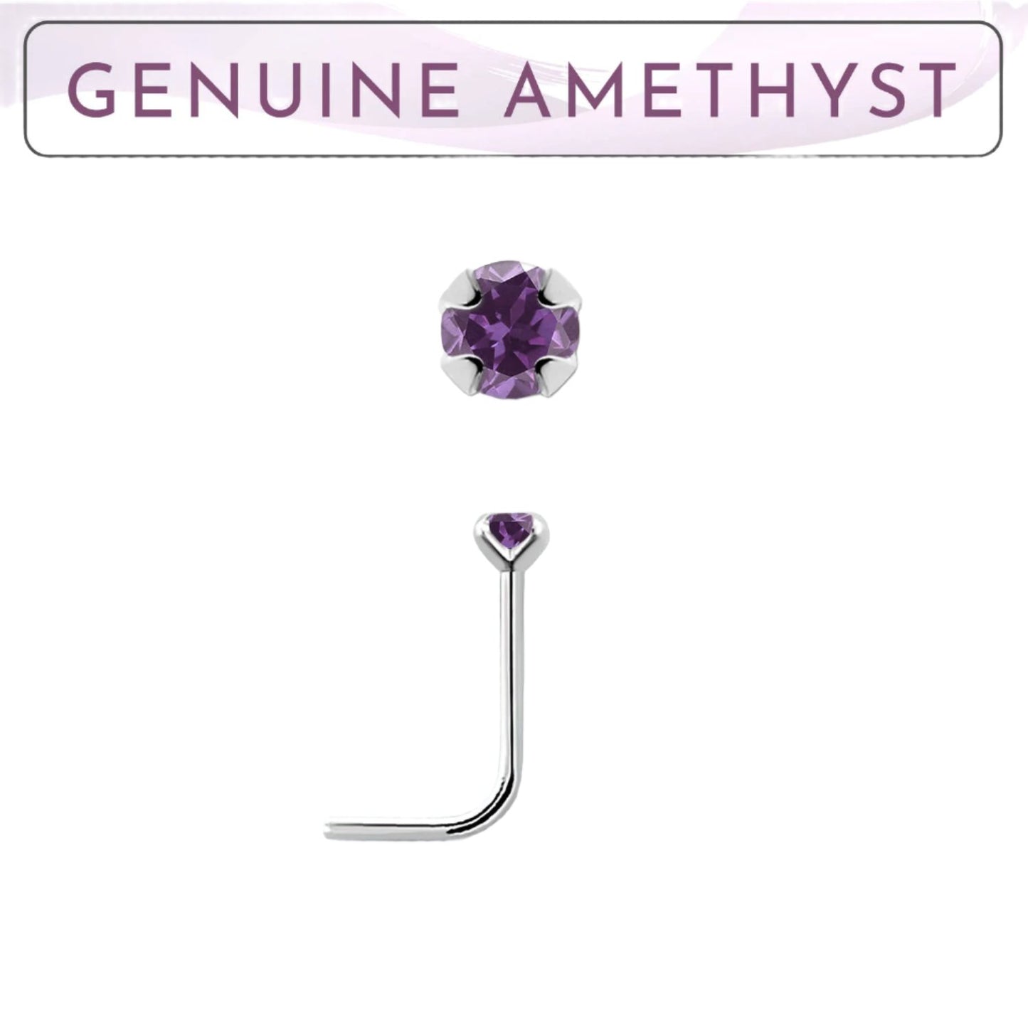 L-shaped nose stud with 2mm genuine amethyst ( sterling silver )