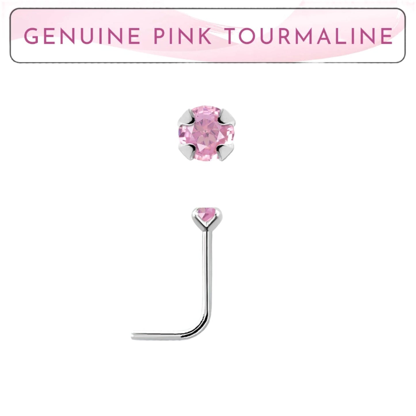 L-shaped nose stud with 2mm genuine pink tourmaline ( sterling silver )