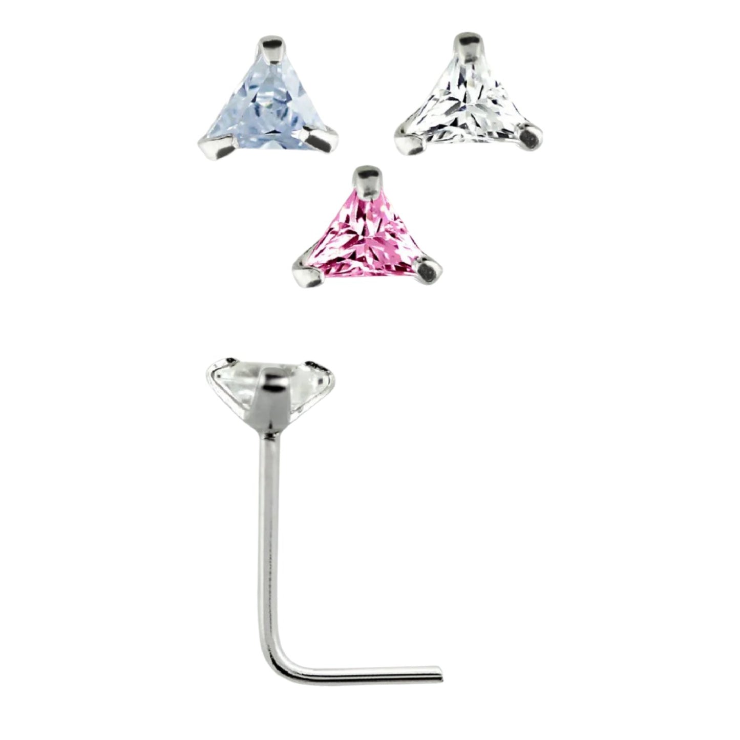 L-shaped nose stud with 3mm triangle shaped Cubic Zirconia ( sterling silver )