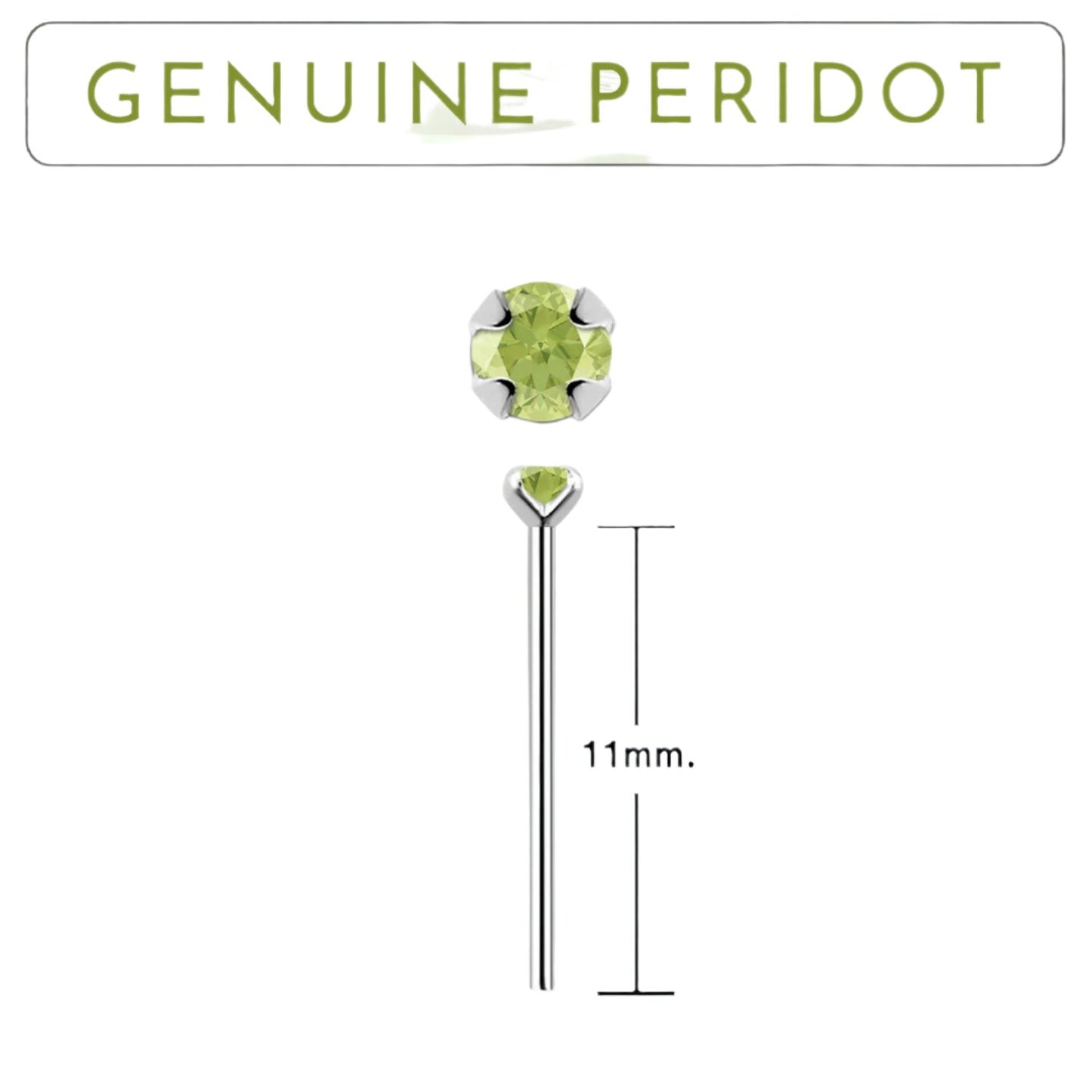 Bend IT nose stud with 2mm genuine peridot ( sterling silver )