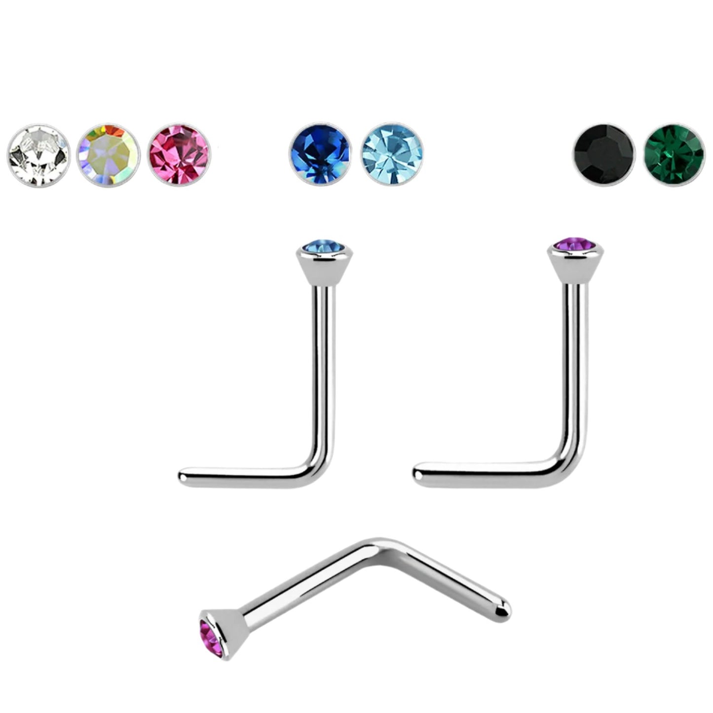 L-shaped nose stud with 2mm round crystal ( titanium )