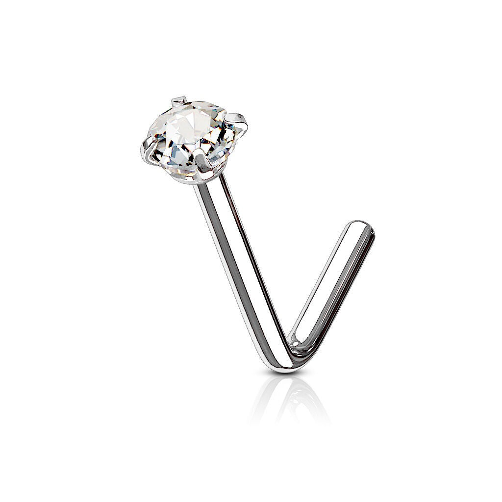 L-shaped nose stud with 2 mm crystal top ( sterling silver )