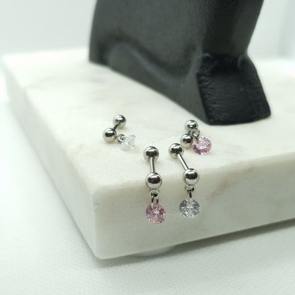 Tragus Piercing barbell and small 5mm dangling round Cubic Zirconia stone ( 316L surgical steel )