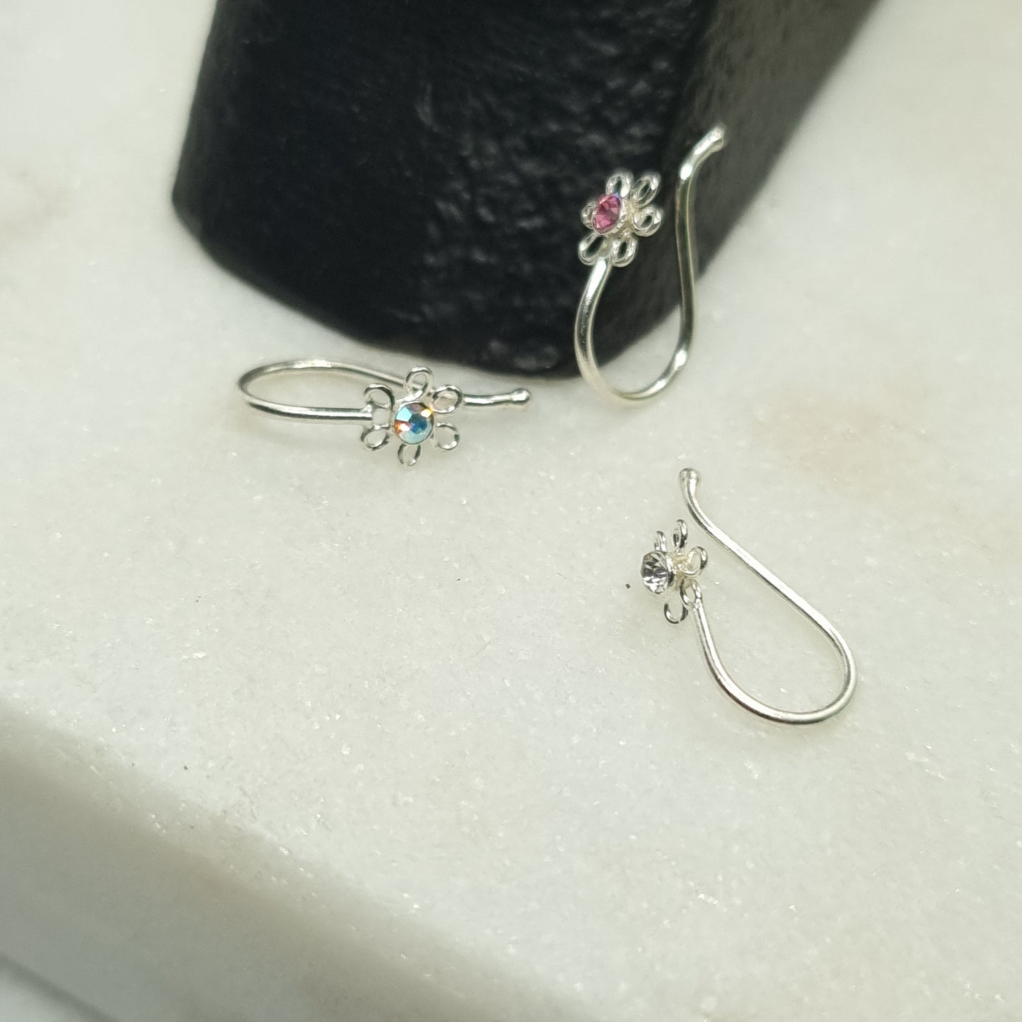 Fake Piercing flower with crystal stone clip ( sterling silver )