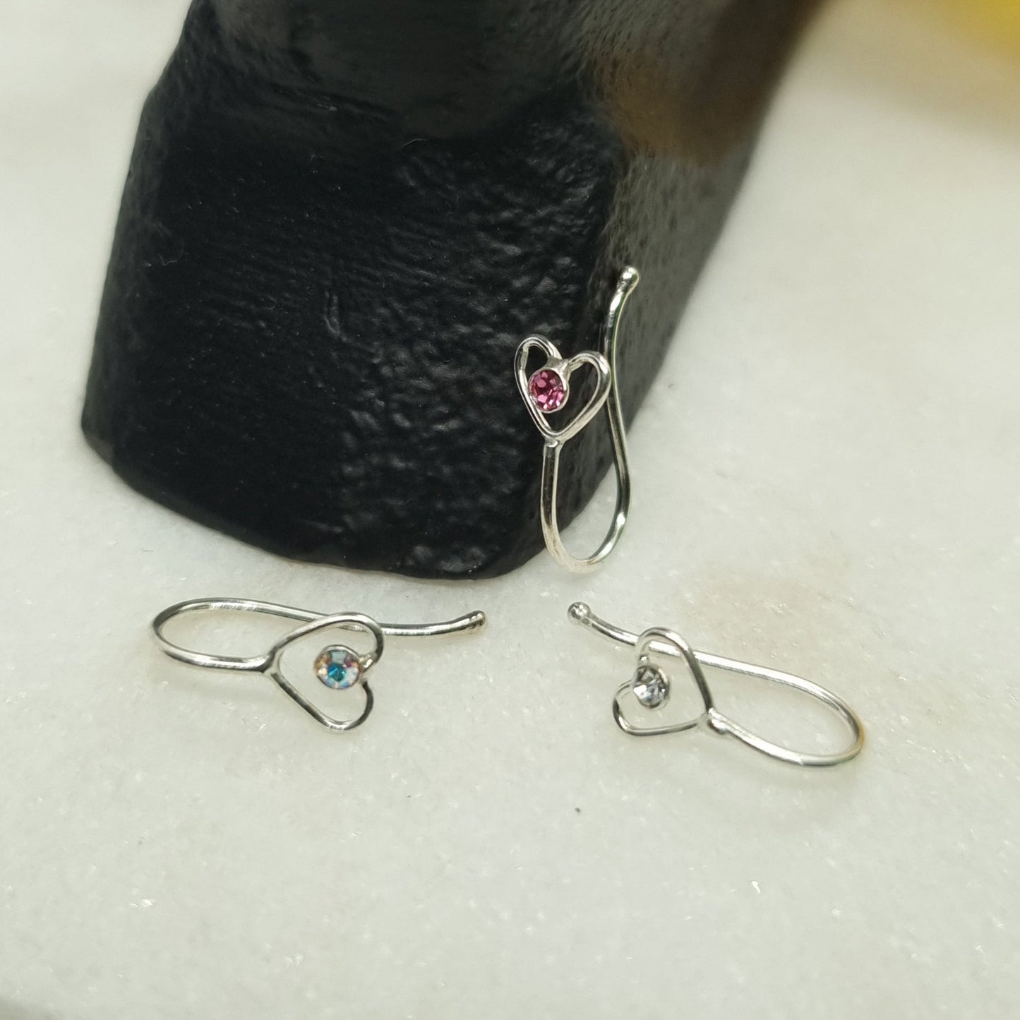 Fake Piercing heart with crystal stone clip ( sterling silver )