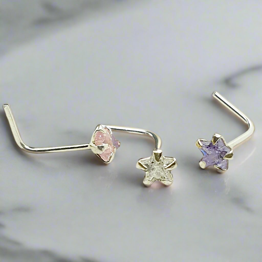 L-shaped nose stud with 3mm star cz ( sterling silver )