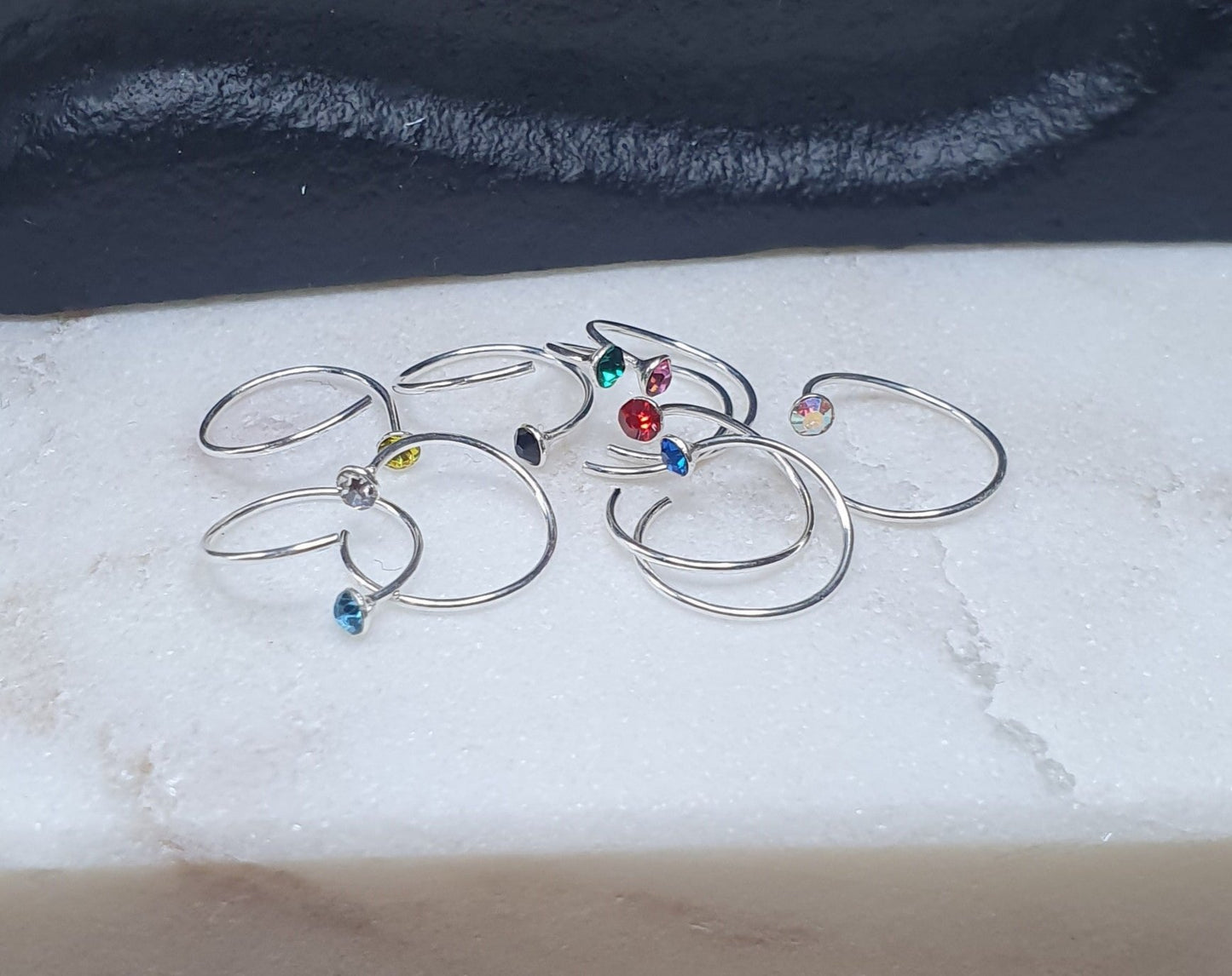 Spiral nose ring with crystal top ( sterling silver )