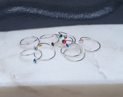 Spiral nose ring with crystal top ( sterling silver )