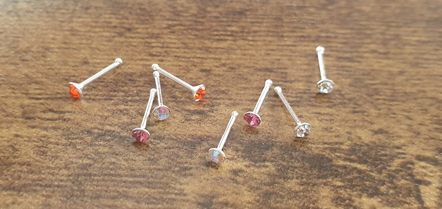 Straight nose stud with 2mm round crystal top ( sterling silver )