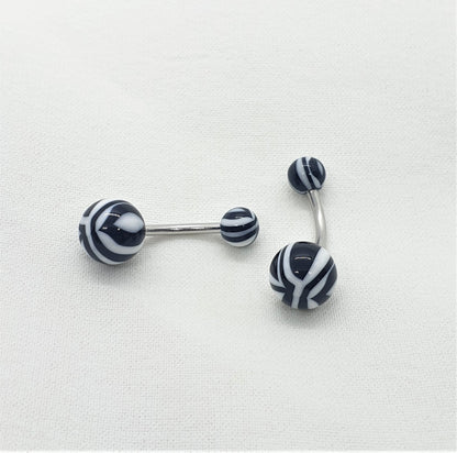 Belly button bar with 5 and 8mm acrylic zebra striped ( surgical steel )