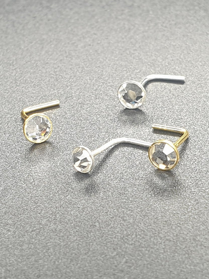 L-shaped nose stud with 3 mm clear crystal top ( sterling silver )