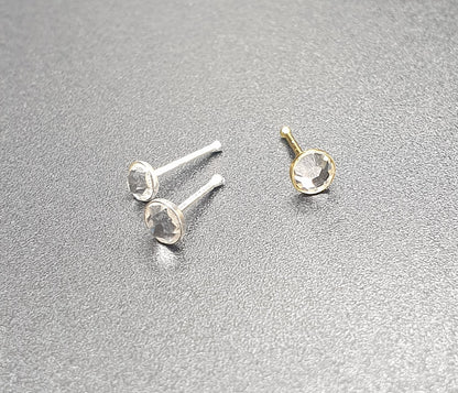 Straight nose stud with 3mm clear crystal top ( sterling silver / gold )
