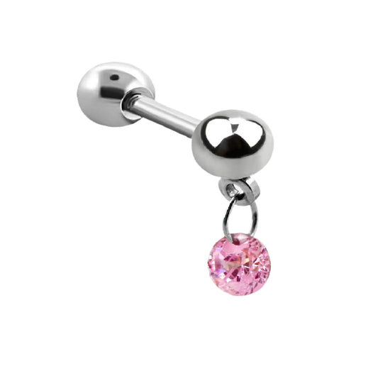 Tragus Piercing barbell and small 5mm dangling round Cubic Zirconia stone ( 316L surgical steel )