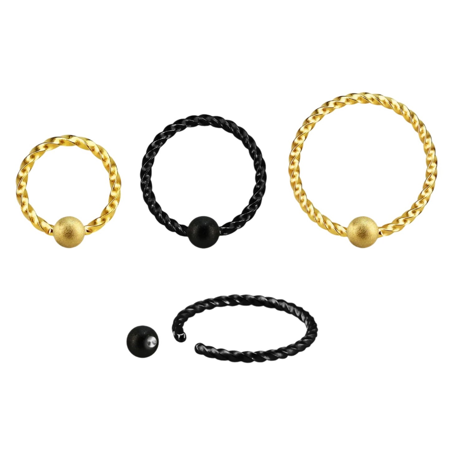 Ball closure ring twisted wire design with 3mm sparkle steel ball ( surgical steel / gold / black )