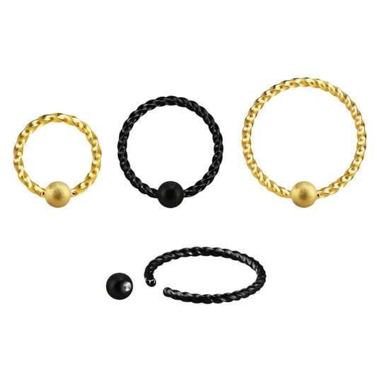 Ball closure ring twisted wire design with 3mm sparkle steel ball ( surgical steel / gold / black )