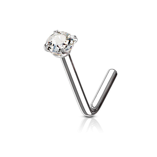 L-shaped nose stud with crystal stone ( sterling silver )