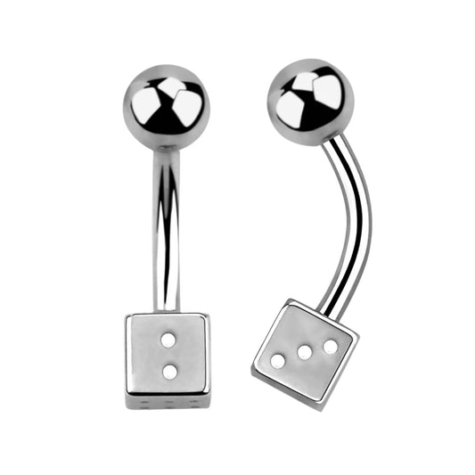 Belly button bar with upper 5mm steel ball and a lower 5mm steel dice ( surgical steel )