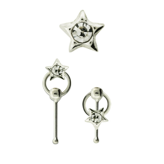 Straight nose stud with a crystal on star shape slave hoop ( sterling silver )