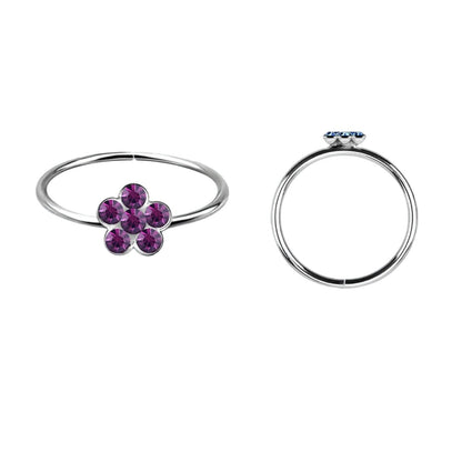 Continuous Nose ring with crystals flower top ( sterling silver )