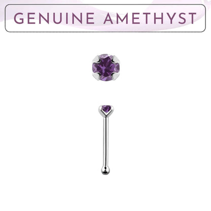 Straight nose stud with 2mm genuine amethyst ( sterling silver )