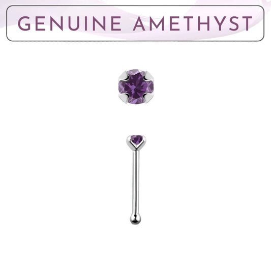 Straight nose stud with 2mm genuine amethyst ( sterling silver )