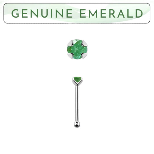 Straight nose stud with 2mm genuine emerald ( sterling silver )