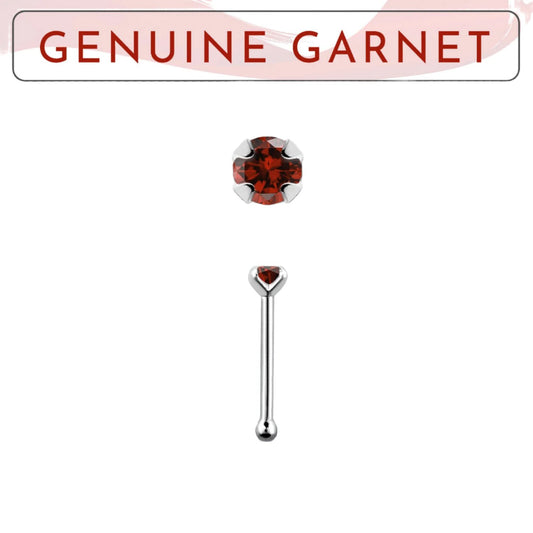 Straight nose stud with 2mm genuine garnet ( sterling silver )