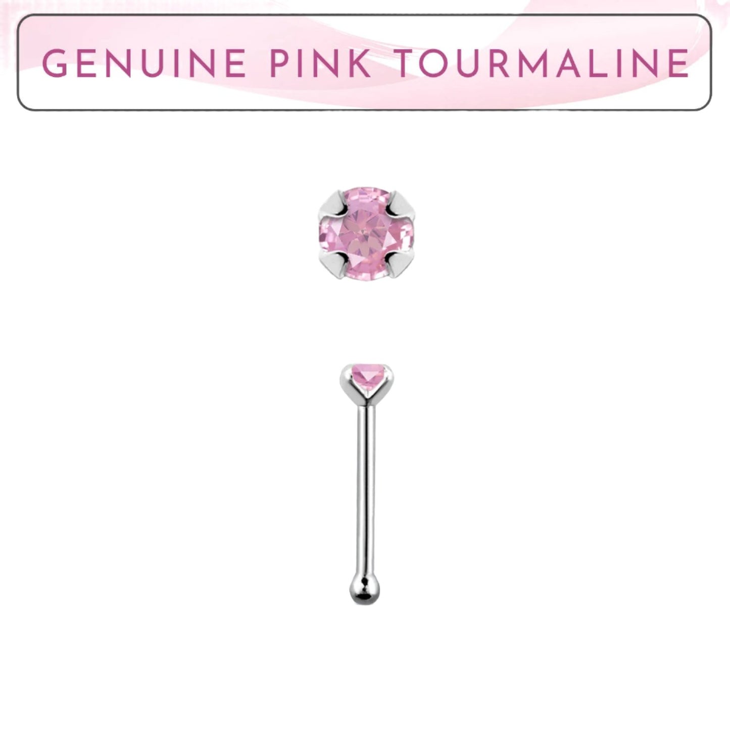 Straight nose stud with 2mm genuine pink tourmaline ( sterling silver )