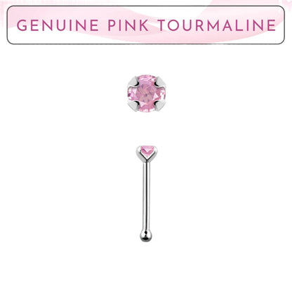 Straight nose stud with 2mm genuine pink tourmaline ( sterling silver )