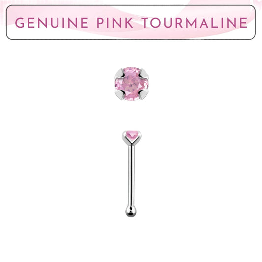 Straight nose stud with 2mm genuine pink tourmaline ( sterling silver )