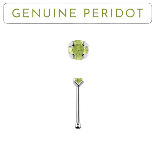 Straight nose stud with 2mm genuine peridot ( sterling silver )