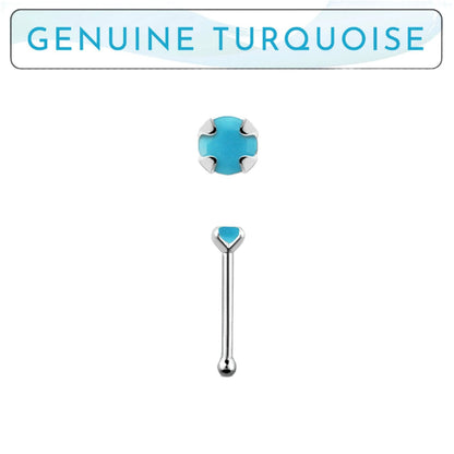 Straight nose stud with 2mm genuine turquoise ( sterling silver )