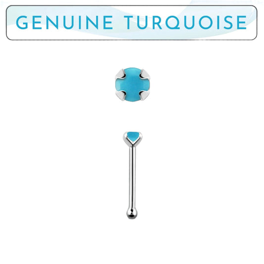 Straight nose stud with 2mm genuine turquoise ( sterling silver )