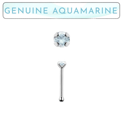 Straight nose stud with 2mm genuine aquamarine ( sterling silver )
