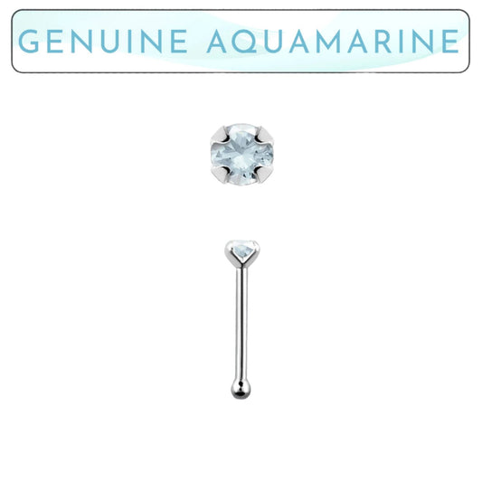 Straight nose stud with 2mm genuine aquamarine ( sterling silver )