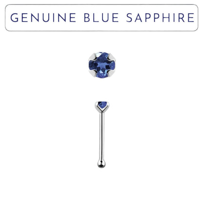 Straight nose stud with 2mm genuine blue sapphire ( sterling silver )