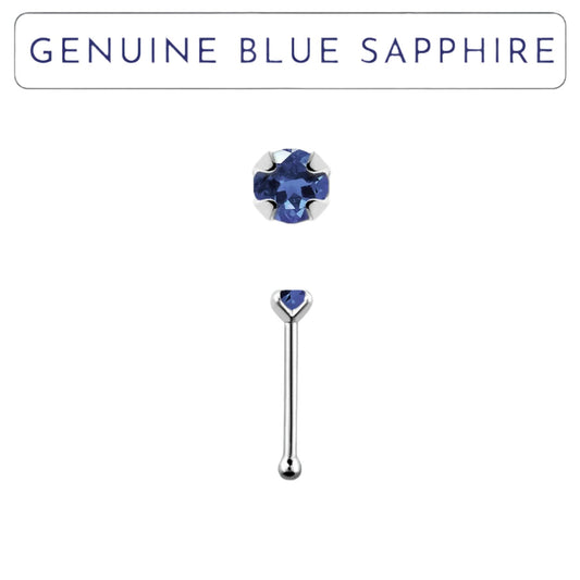 Straight nose stud with 2mm genuine blue sapphire ( sterling silver )