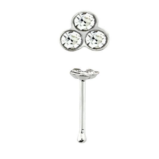 Straight nose stud with 3 round clear crystals top ( sterling silver )