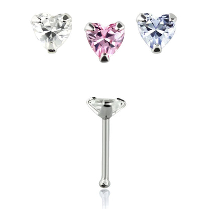 Straight nose stud with 3 mm heart shaped cz ( sterling silver )