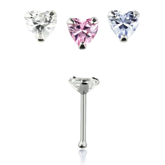 Straight nose stud with 3 mm heart shaped cz ( sterling silver )
