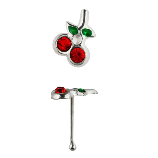 Straight nose stud with red crystals cherries top ( sterling silver )
