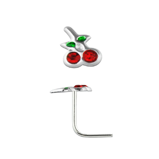 L-shaped nose stud with red crystals cherries top ( sterling silver )