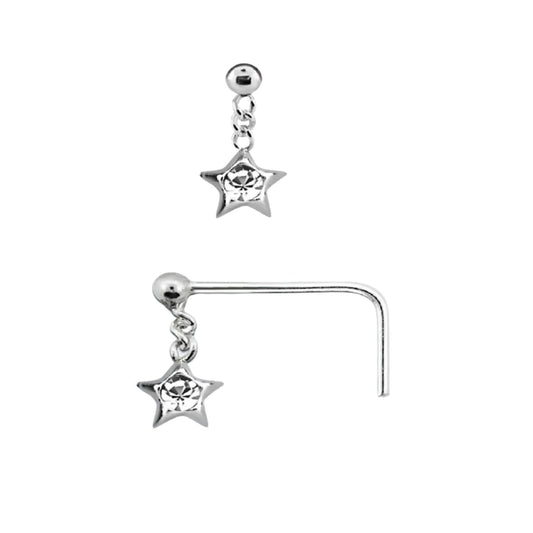 L-shaped nose stud with dangling star ( sterling silver )